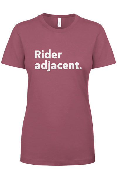 "Rider Adjacent" Women's Crew, passenger, pillion, backpack, supporter, rider spouse, rider girlfriend, rider boyfriend, rider wife, rider husband, riding partner, funny motorcycle t-shirt, motorcycle lifestyle, motorcycle t-shirts