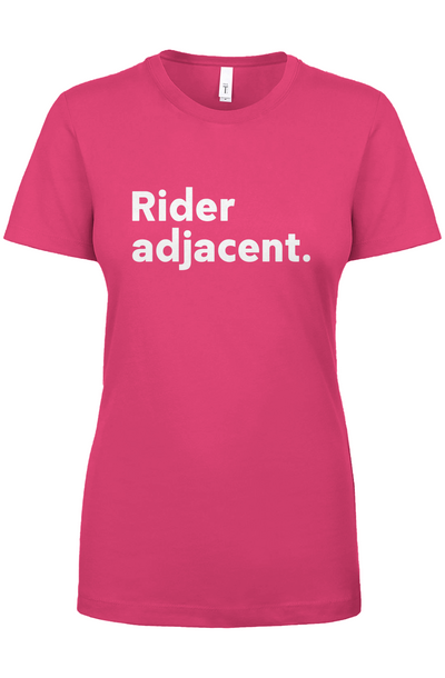 "Rider Adjacent" Women's Crew, passenger, pillion, backpack, supporter, rider spouse, rider girlfriend, rider boyfriend, rider wife, rider husband, riding partner, funny motorcycle t-shirt, motorcycle lifestyle, motorcycle t-shirts