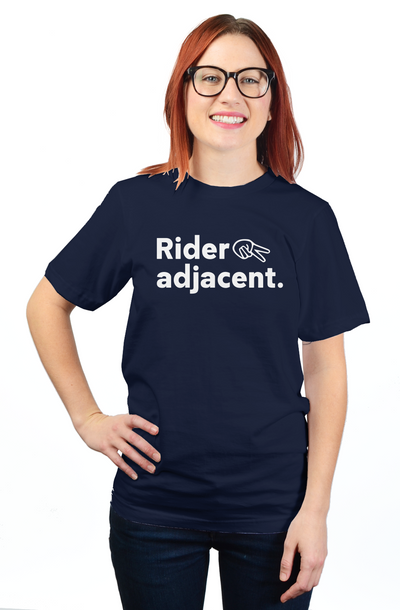 "Rider adjacent" Unisex T-Shirt, rider adjacent t-shirt, passengers, pillion, backpack, passenger, rider spouse, girlfriend, boyfriend, supporters, adjacent, funny text t-shirt, motorcycle t-shirts