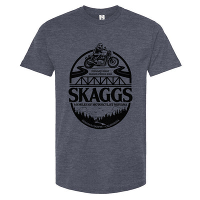 Skaggs Unisex motorcycle t-shirt, sonoma county, sonoma coast, skaggs springs road, stewarts point, motorcycle roads, riding roads, great rides, motorbikes, motorcycles, motorcycle lifestyle, motorcycle shirts, original design, local riders