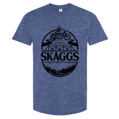 Skaggs Unisex motorcycle t-shirt, sonoma county, sonoma coast, skaggs springs road, stewarts point, motorcycle roads, riding roads, great rides, motorbikes, motorcycles, motorcycle lifestyle, motorcycle shirts, original design, heathered