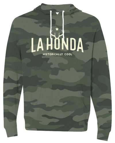 La Honda Premium Unisex Lightweight Hoodie in forest green camouflage, sweatshirt, hooded sweatshirt, la honda california, redwoods, coastal towns, sf peninsula, antlers, deer