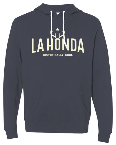 La Honda Premium Unisex Lightweight Hoodie in vintage navy blue, deer antlers, california, sf bay area, redwoods, historic, coastal towns