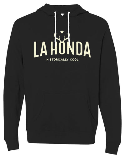 La Honda Premium Unisex Lightweight Hoodie in black, black and tan, cream, deer antlers, california, coastal towns, redwoods, rural california