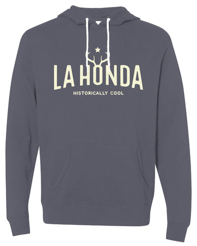 La Honda Premium Unisex Lightweight Hoodie in slate blue, La Honda Premium Unisex Lightweight Hoodie in black, black and tan, cream, deer antlers, california, coastal towns, redwoods, country, applejacks bar