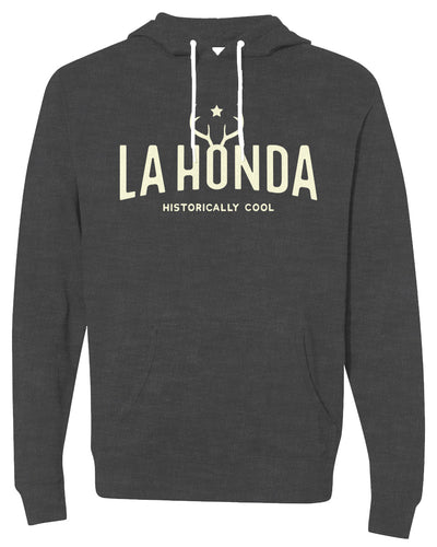La Honda Premium Unisex Lightweight Hoodie in charcoal grey heather, La Honda Premium Unisex Lightweight Hoodie in currant red, La Honda Premium Unisex Lightweight Hoodie in black, black and tan, cream, deer antlers, california, coastal towns, redwoods, historically cool, applejacks bar