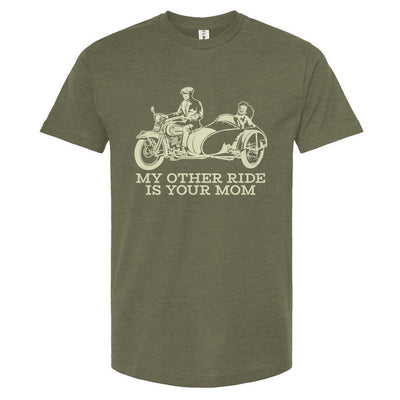 Green t-shirt with a graphic of a motorcycle and sidecar and text 'My other ride is your mom' on a white background.