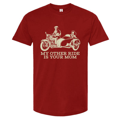 Red t-shirt with a graphic of a motorcycle and text on a white background