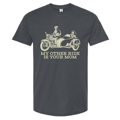 Gray t-shirt with motorcycle graphic and text on a white background