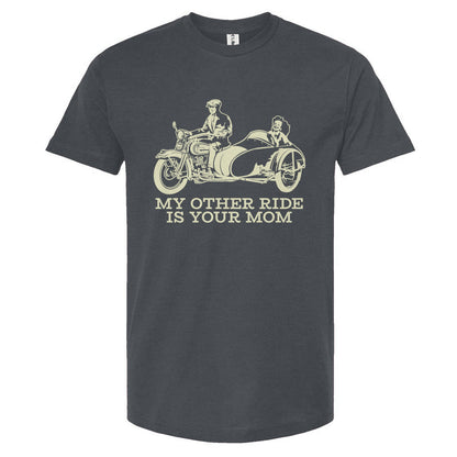 Gray t-shirt with motorcycle graphic and text on a white background
