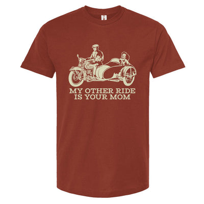 Red t-shirt with a graphic of a motorcycle and sidecar, and text 'My other ride is your mom' on a white background.