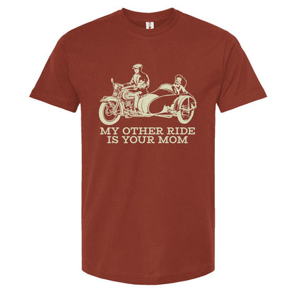 Red t-shirt with a graphic of a motorcycle and sidecar, and text 'My other ride is your mom' on a white background.