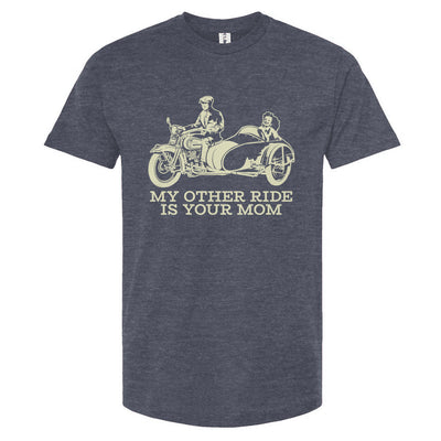 Gray t-shirt with a graphic of a motorcycle and sidecar and text 'My other ride is your mom' on a white background.