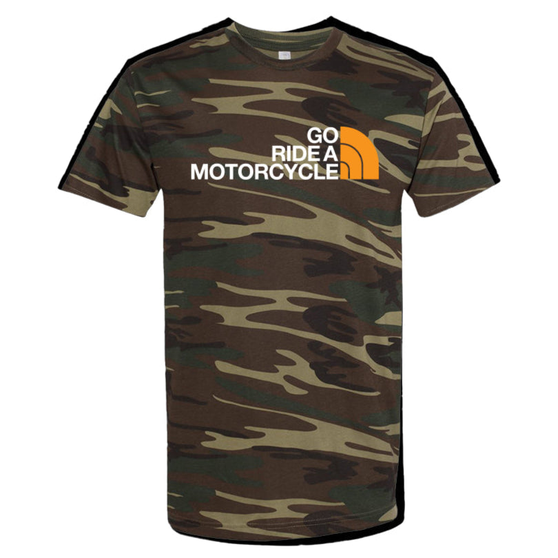 'Go ride a motorcycle' North Face Parody Camouflage T-shirt