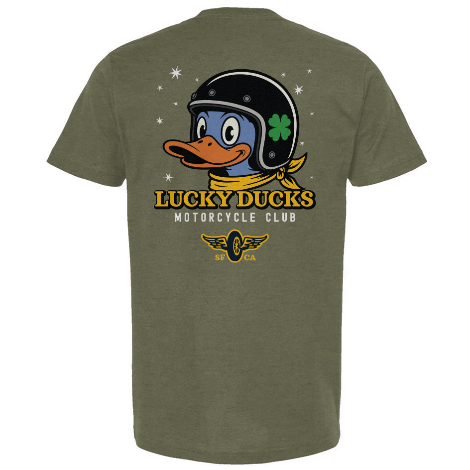 Green t-shirt with Lucky Ducks Motorcycle Club graphic on a white background