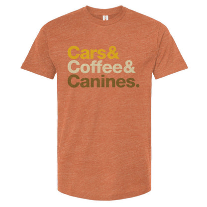 Orange t-shirt with 'Cars & Coffee & Canines' text on a white background