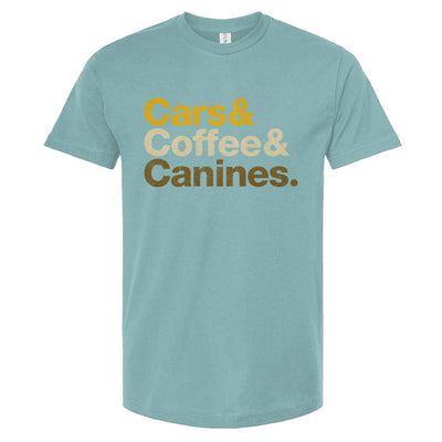 Teal t-shirt with 'Cars & Coffee & Canines' text on a white background