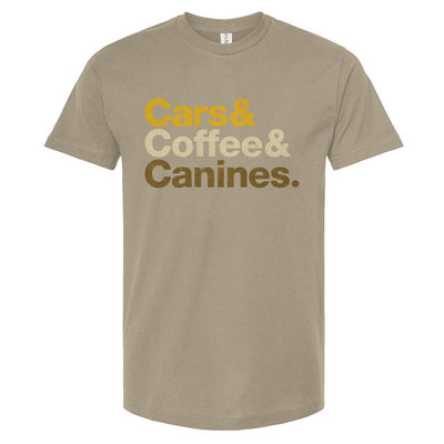 Beige t-shirt with 'Cars & Coffee & Canines' text on a white background