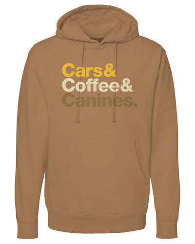 Brown hoodie with 'Cars & Coffee & Canines' text on a white background