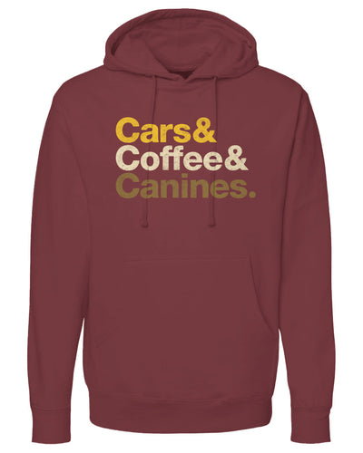 Maroon hoodie with 'Cars & Coffee & Canines' text on a white background