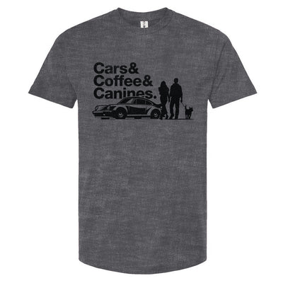 Gray t-shirt with 'Cars & Coffee & Canines' graphic on a white background