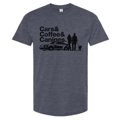 Gray t-shirt with 'Cars & Coffee & Canines' graphic on a white background
