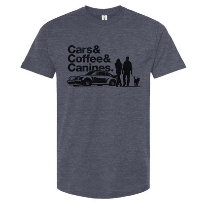 Gray t-shirt with 'Cars & Coffee & Canines' graphic on a white background