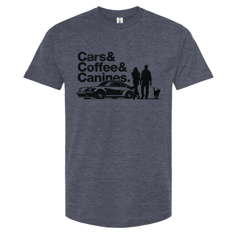 Gray t-shirt with 'Cars & Coffee & Canines' graphic on a white background