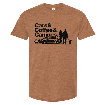 Brown t-shirt with black graphic and text 'Cars & Coffee & Canines' on a white background