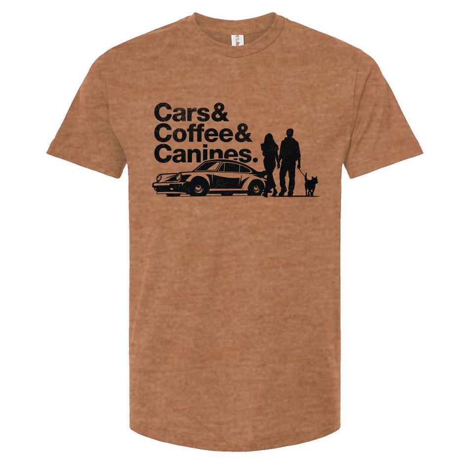 Brown t-shirt with black graphic and text 'Cars & Coffee & Canines' on a white background