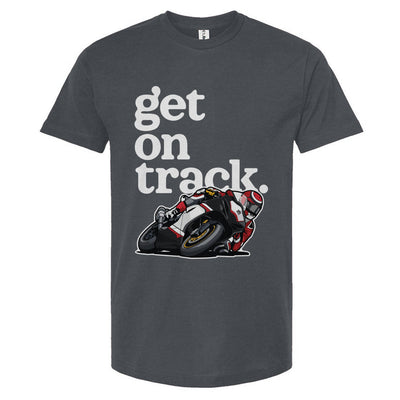 Gray t-shirt with a motorcycle graphic and 'get on track' text on a white background