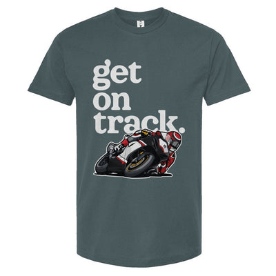 Gray t-shirt with a motorcycle graphic and 'get on track' text on a white background