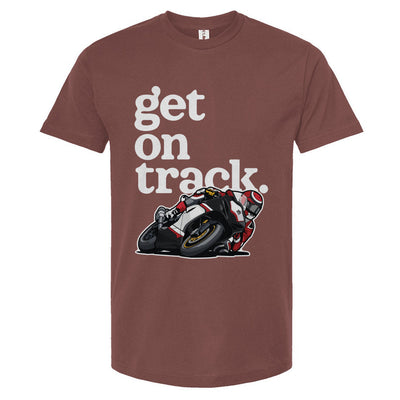 Brown t-shirt with 'get on track' text and motorcycle graphic on a white background