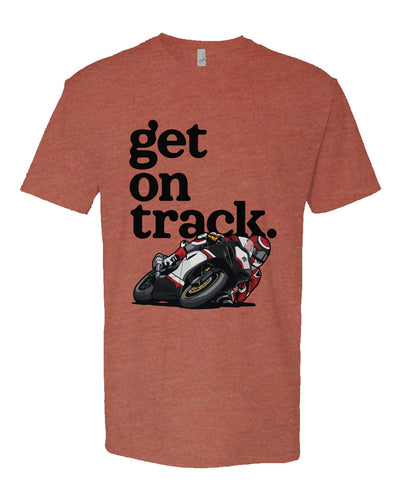 Red t-shirt with 'get on track' text and motorcycle graphic on a white background