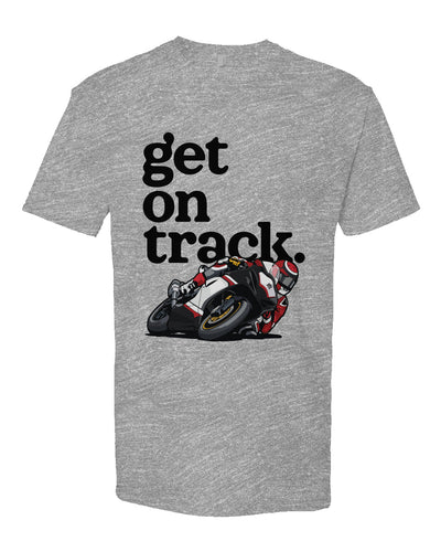 Gray t-shirt with a motorcycle graphic and 'get on track' text on a white background