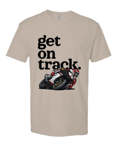 Beige t-shirt with 'get on track' text and motorcycle graphic on a white background