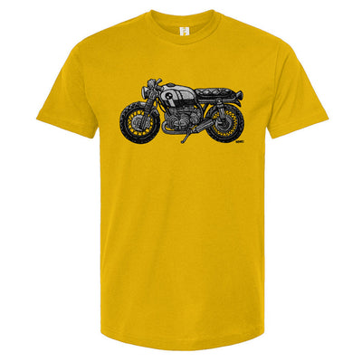 Yellow t-shirt with a motorcycle graphic on a white background