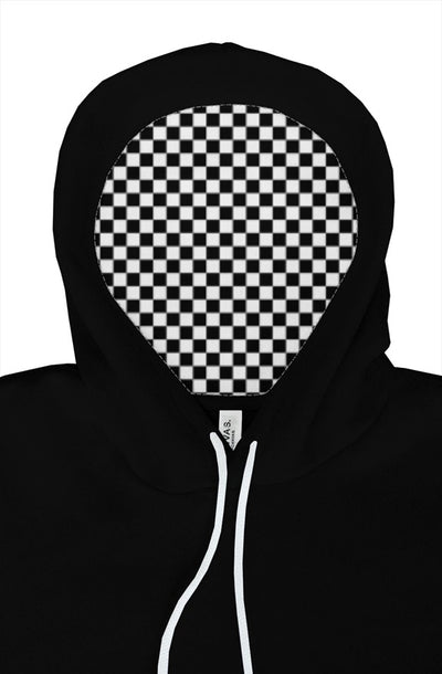 Black hoodie with a checkered flag lined hood