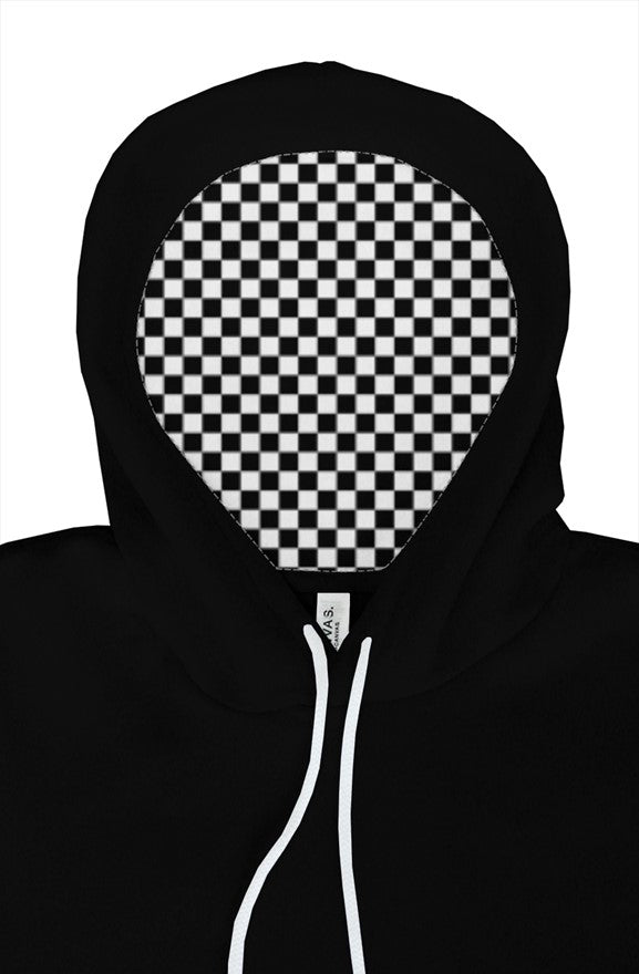 Black hoodie with a checkered flag lined hood