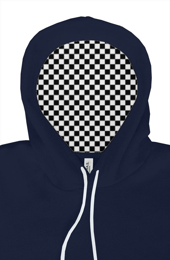 Navy blue hoodie with a checkered flag lined hood