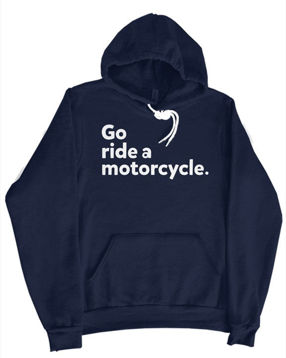"Go ride a motorcycle" checkered flag hoodie in navy blue