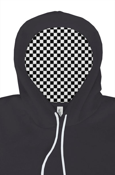 "Go ride a motorcycle" hoodie with checkered flag lined hood