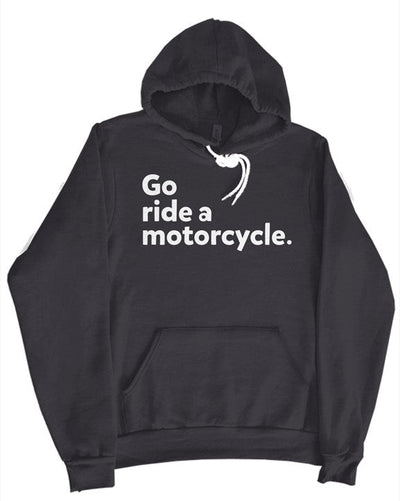 "Go ride a motorcycle" checkered flag hoodie in charcoal gray