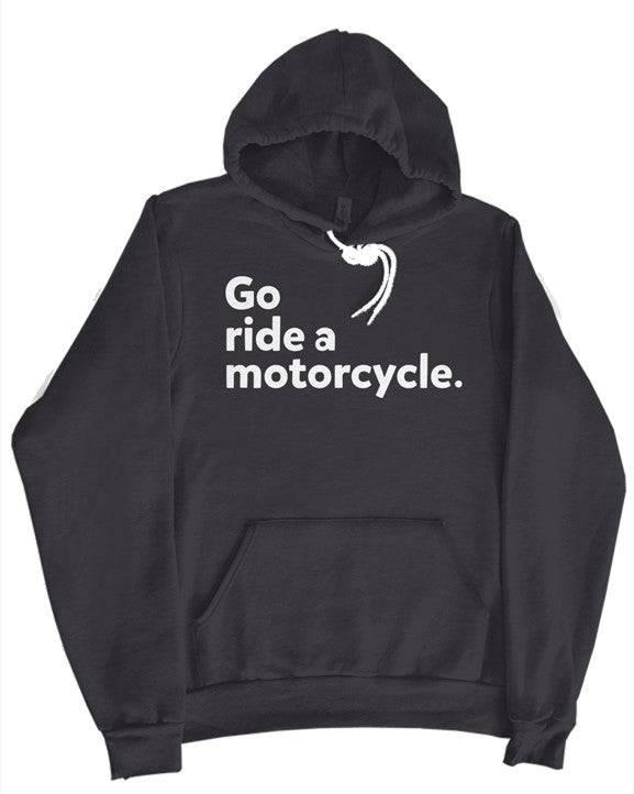 "Go ride a motorcycle" checkered flag hoodie in charcoal gray