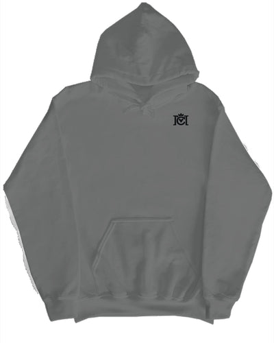 Gray hoodie with a small black Crown Moto embroidered logo on a white background