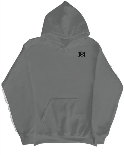 Gray hoodie with a small black Crown Moto embroidered logo on a white background