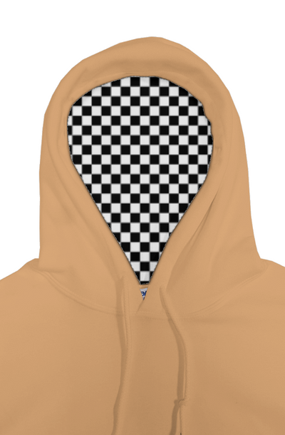 Vegas Gold hoodie with a checkered hood on a white background