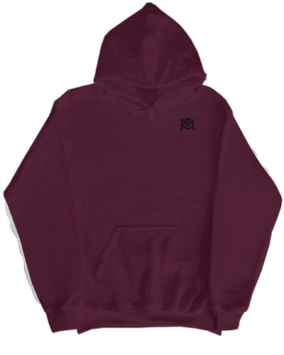 Maroon hoodie with a small black Crown Moto embroidered logo on a white background