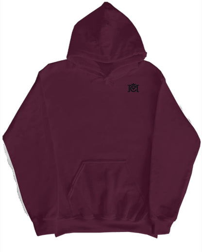 Maroon hoodie with a small black Crown Moto embroidered logo on a white background
