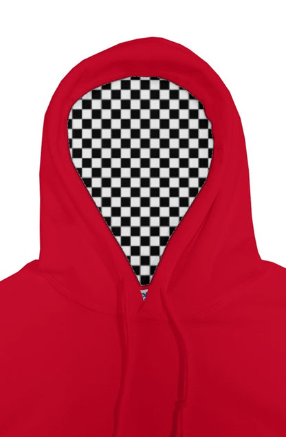Red hoodie with a checkered pattern inside the hood on a white background